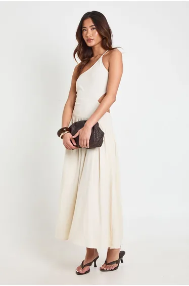 فستان ميداكسي كتان مزموم بفتحات لون بيج