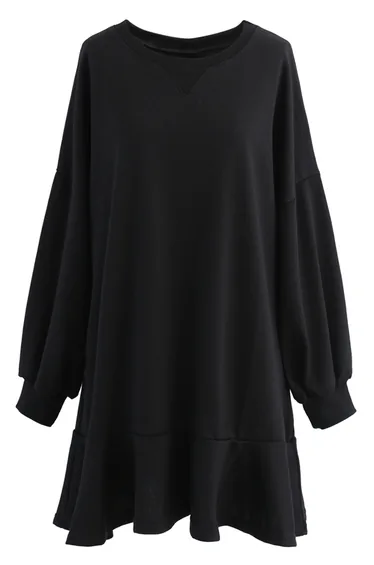Ruffle Hem Sleeves Shift Mini Dress in Black