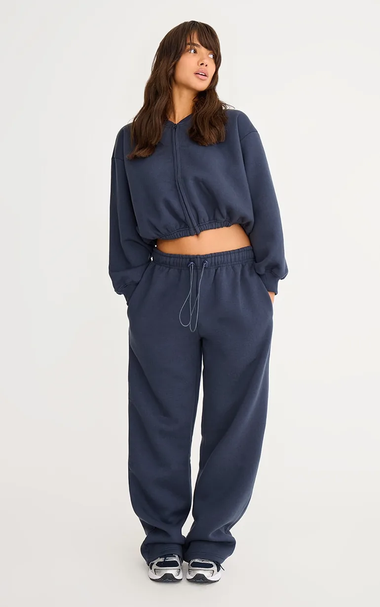 بنطلون رياضي بتصميم واسع بحواف برباط شد - كحلي