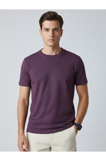 Men Purple Textured Crew Neck T-Shirt