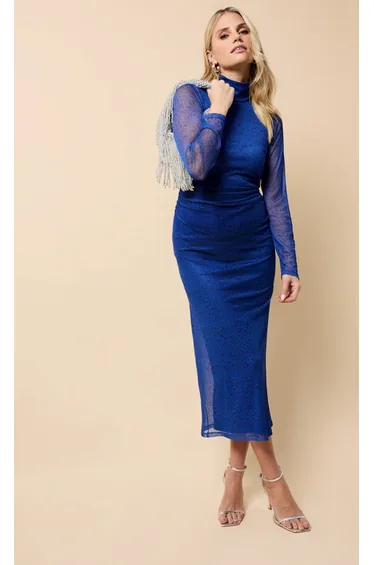 فستان ميداكسي ميش بطبعة - أزرق