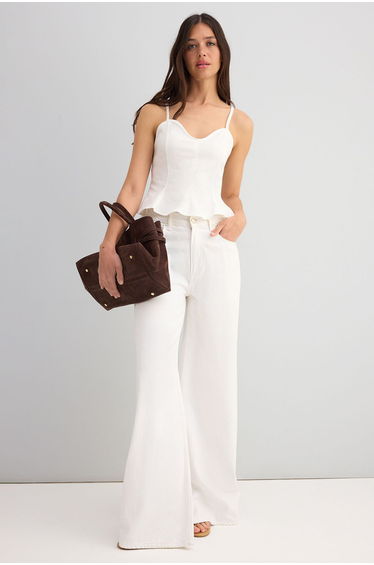 Ecru Cotton Gabardine Strap Peplum Woven Blouse