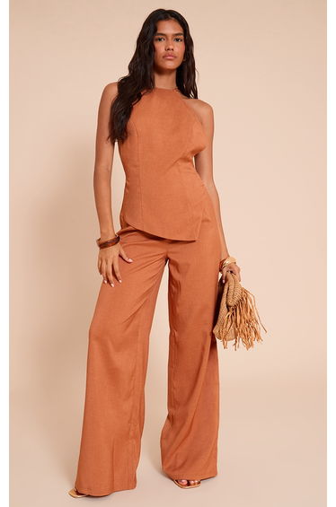 Rust Textured Woven Halter Neck Jumpsuit