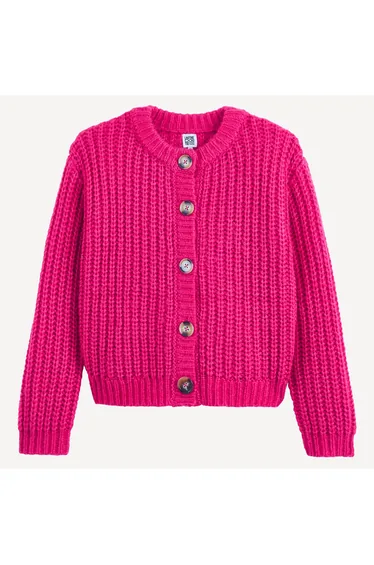 Chunky Knit Buttoned Cardigan with Crew Neck