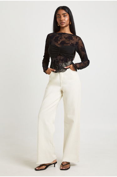 Floral Flocked Mesh Twist Front Crop Top - black