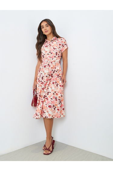 Women Pink Floral Print Shirt Midi Dress