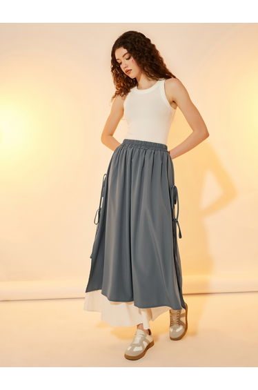 Color Block Layered A-Line Maxi Skirt with Tie-Up Detail