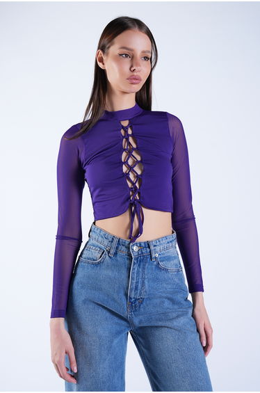 Women's Purple Stand Collar Lace-Up Front Transparent Sleeve Blouse
