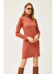 Women's Tile Decollete Decollete Bead Detailed Turtleneck Raised Dress