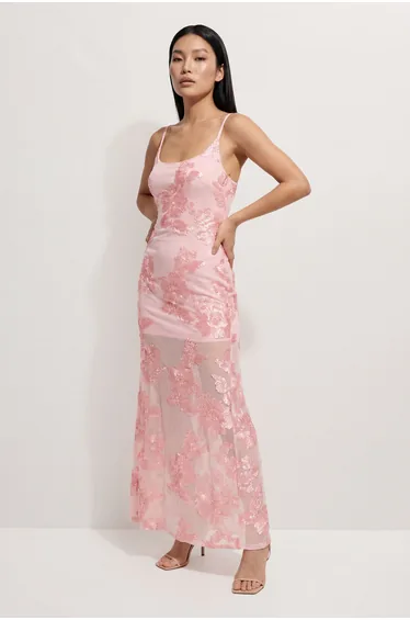 Floral Textured Sheer Scoop Neck Bias Maxi