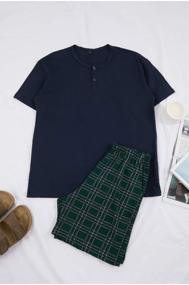 Navy Blue Regular Buttoned Collar Plaid Cotton Pajama Set