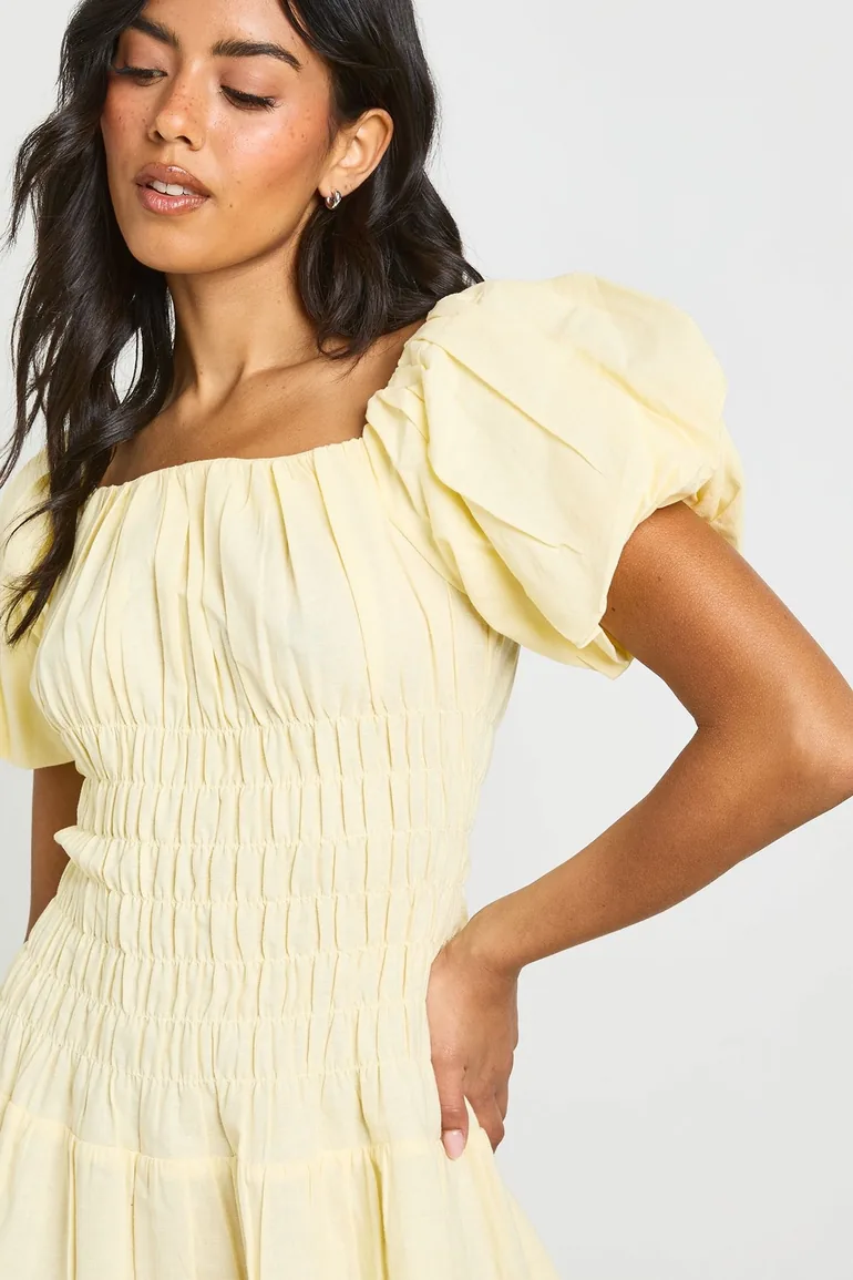 Linen Look Puff Sleeve Shirred Mini Dress - lemon - 3
