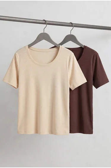 Brown-Beige 2-Pack Crew Neck Basic Camisole Knitted Plus Size Blouse