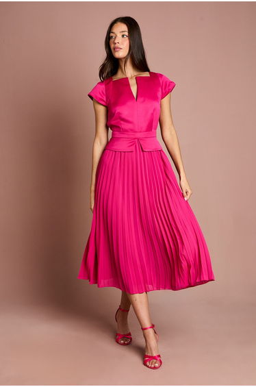 Cap Sleeve Pleated Skirt Midi Wedding Guest Dress