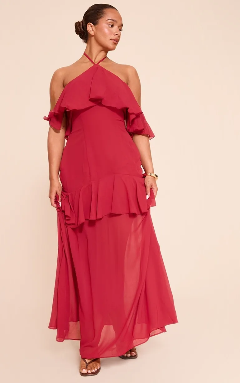 red tiered maxi dress KissProm Tie Shoulder Mermaid Ruffle Long Prom with Slit, Red / 14 Height 165cm wears Sz XS ** Please refer to our Size Alana Crimson Red Tiered Evening