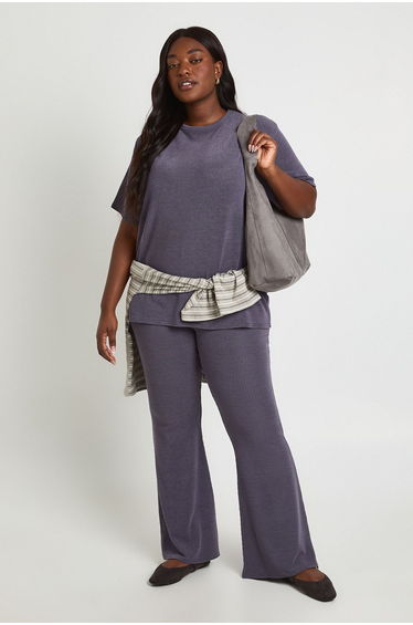 Plus Two Toned Rib Oversized Top & Flared Trouser Co Ord - charcoal