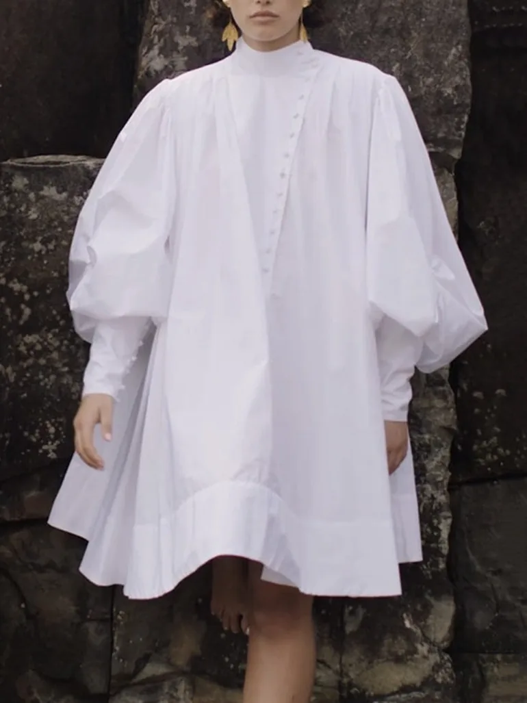uoozee white dress Uoozee-official Long Sleeves Solid Color Split-Joint Lapel Maxi Dresses Shirt / M WHITE / 2XL 🌸 Romantic & Vacation Vibe