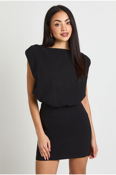 Bengaline Shoulder Pad Sleeveless Dress - black