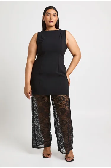 Plus Bengaline Longline Jumpsuit With Lace Wie Leg Trouser - black