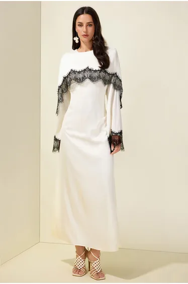 Lace Satin Cape Maxi Dress