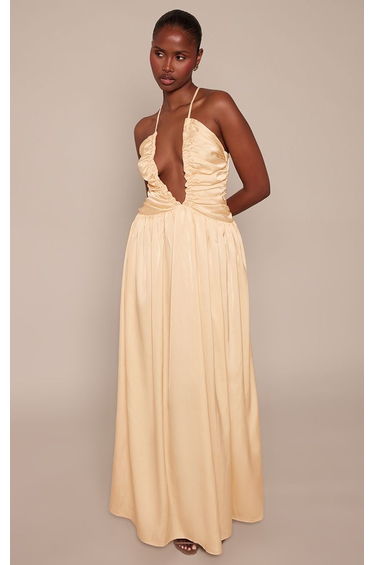 Lemon Ruched Detail Satin Halterneck Maxi Dress