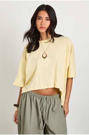 Sheer Slub Curved Hem Oversized T-Shirt - butter
