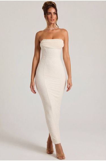 Embellished Bandeau Cowl Neck Maxi Dress in White