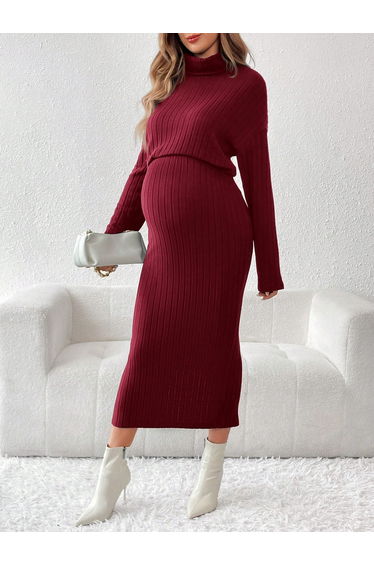 Women High Neck Top and Adjustable Elastic Skirt Maternity Ribbed Set