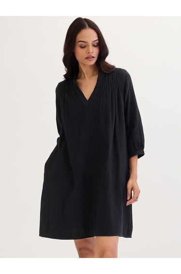 Black Textured Cotton Mini Dress