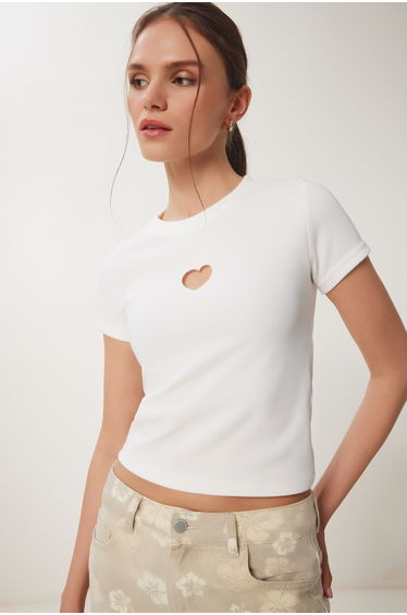 Women's Bone Heart Embroidered Ribbed Knitted T-Shirt