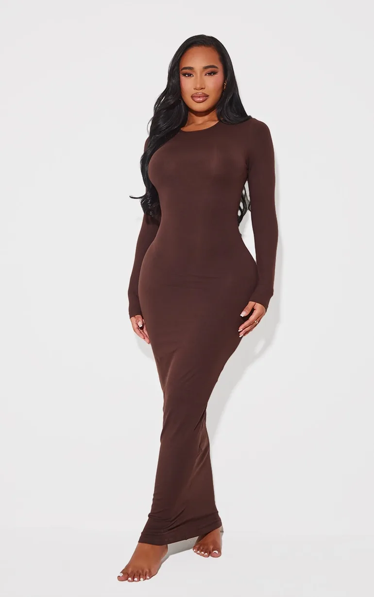 Shop Shape Chocolate Sculpted Long Sleeve Maxi Bodycon Dress Online in Oman