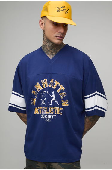 Tall Oversized V-Neck Football Print Sports Top - blue