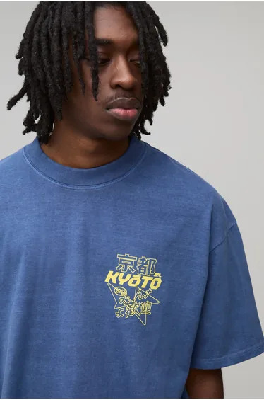Washed Navy Oversized Kyoto Graphic T-Shirt - navy