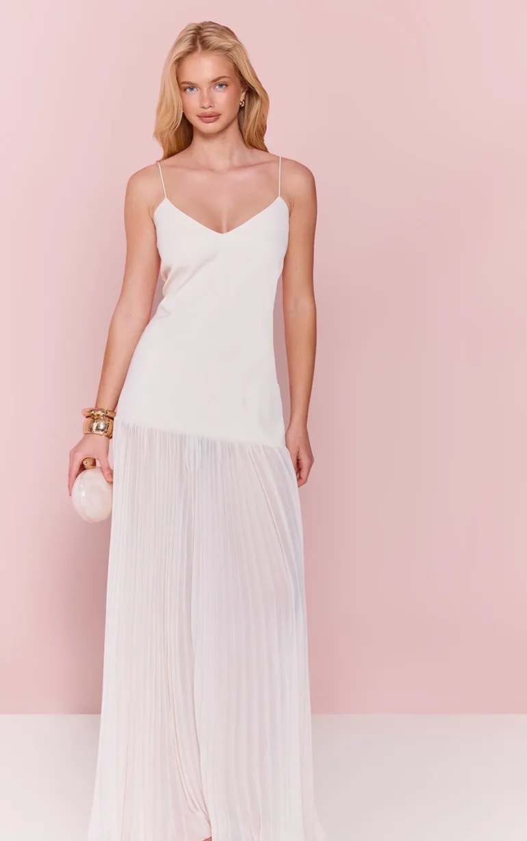 Cream Strappy Pleated Dropped Waist Maxi Dress