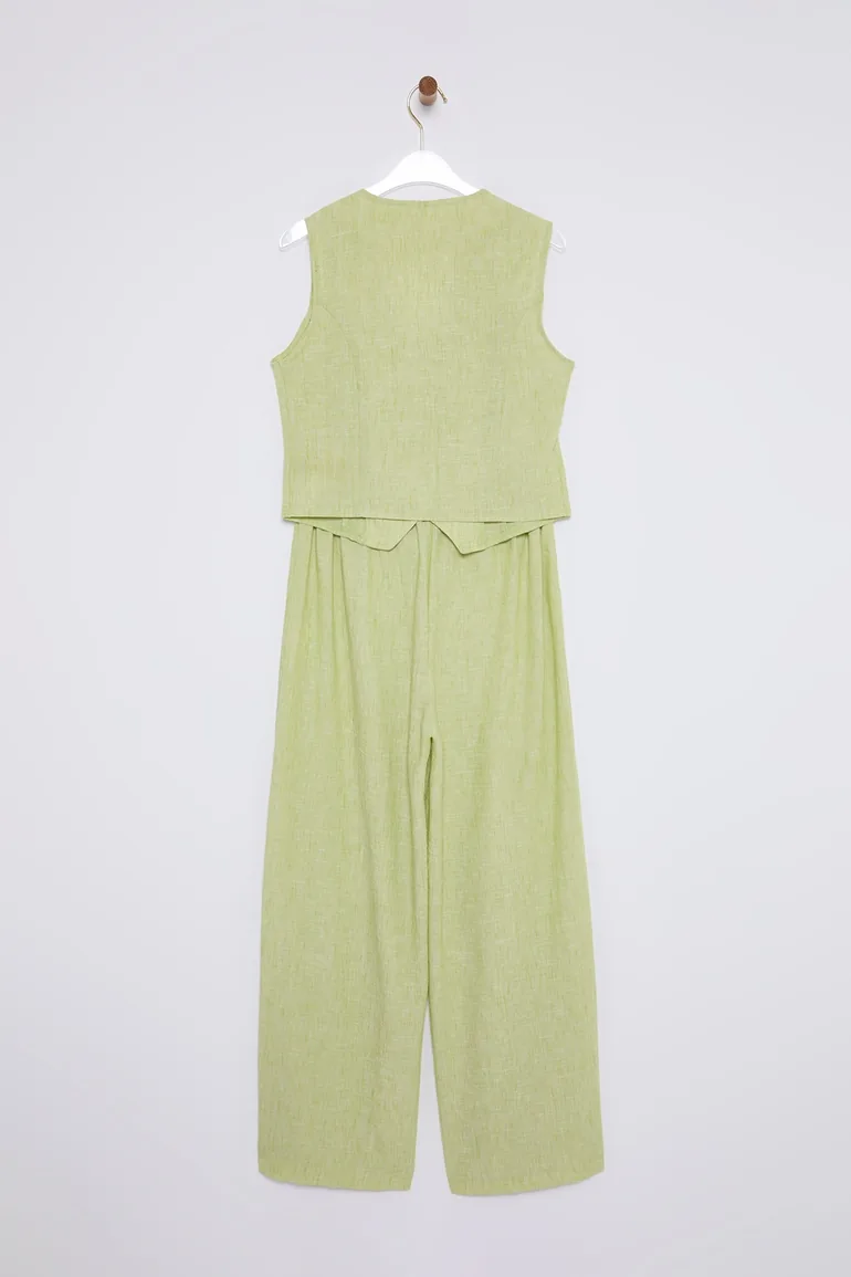 Oil Green Front Tie-Detail Woven Top and Bottom Set - 8