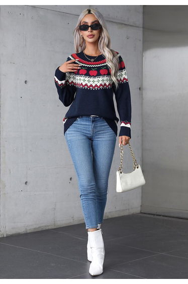 Apple Delight Long Sleeves Knit Sweater in Navy
