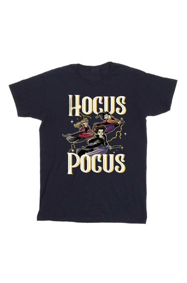 Hocus Pocus Girls Flying Cotton T-Shirt - Navy Blue