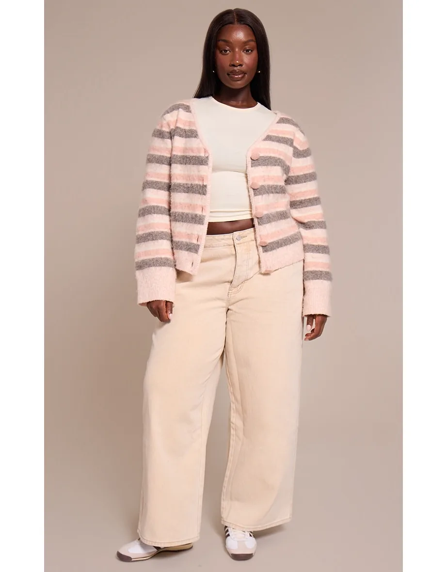 Plus Pink Striped Brushed V Neck Covered Button Knitted Cardigan