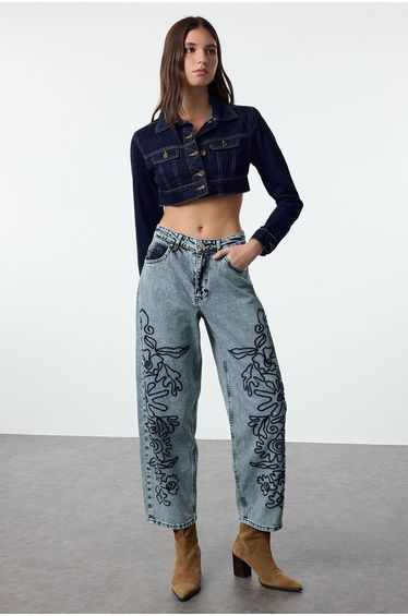 Blue Embroidered High Waist Balloon Jeans