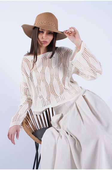 Women's Vanilla High Neck Low Sleeve Openwork Summer Knitwear Blouse