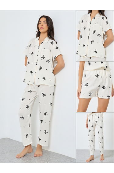 Pack of 3 - Bow Print Cotton Shirt, Shorts and Pyjama