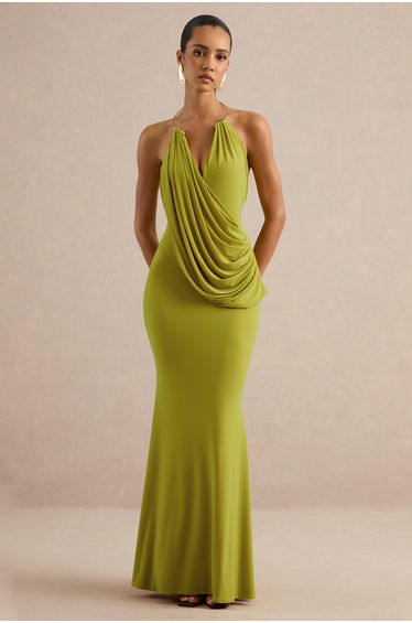 Dinara | Olive Halter-Neck Maxi Dress With Draped Detailing And Gold Detail