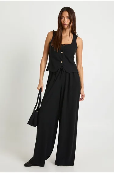 Crinkle Rib Wide Leg Trouser - black