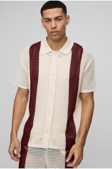 Boxy Fit Open Stitch Stripe Knitted Shirt