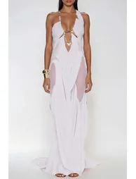 Davis Plunge Chain Asymmetric Maxi Dress In White - 1