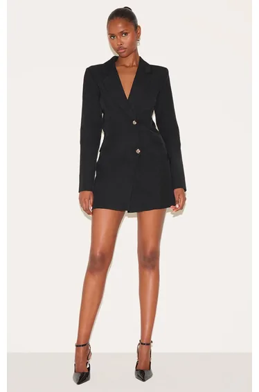 Black Tailored Gold Button Blazer Dress