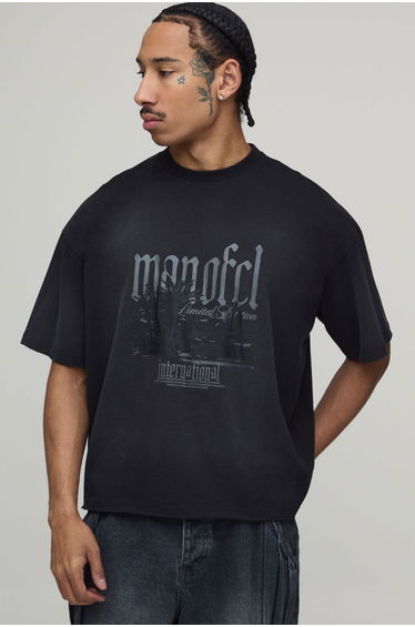 Oversized Boxy Raw Hem Washed Palm Print T-Shirt - black