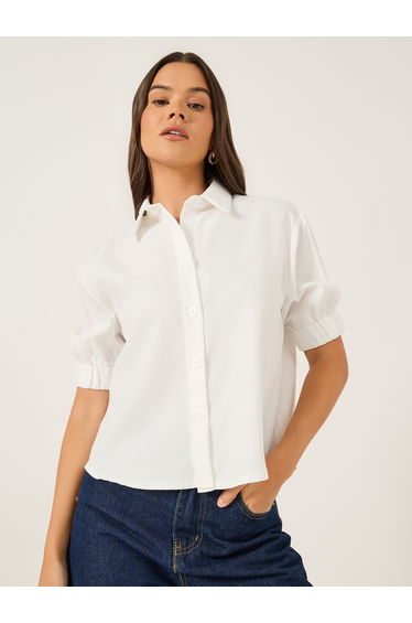 Solid Puff Sleeve Boxy Fit Spread Collar Shirt
