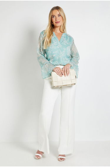 Petite Floral Cuff Detail Ladder Trim Blouse