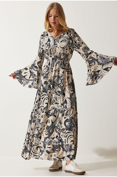Women's Beige Patterned Summer Viscose Dress